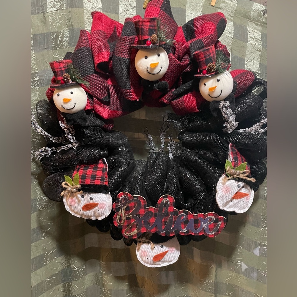 New Christmas Snowman Buffalo Paid red black handmade wreath by me! 14-inch base